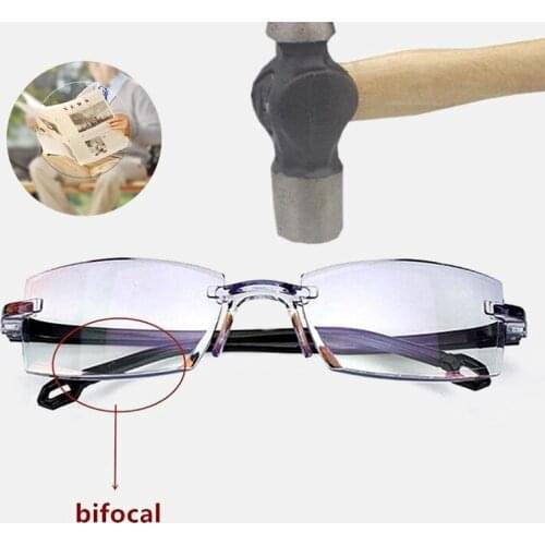 ZUEE Reading Glasses Far And Near Dual-use Elderly Smart Zoom Anti-blue Light Anti-radiation Trimming Frameless Glasse +100-+400