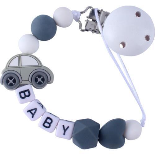 Personalized Name Gray Wood Baby Pacifier Clips Silicone Car Pacifier Chain Holder Baby Shower Gift