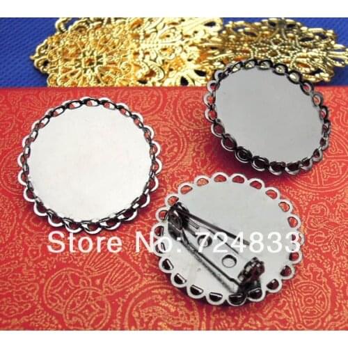 Blank Brooch Bases Double Round Lace Bezel Cabochon Metal Brooches Pins Settings Findings Gunmetal Black tone Plated Wholesale