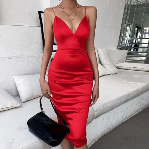 Off Shoulder Slip Sexy Dress Women Midi Bodycon Summer 2021 New Satin Strappy Backless V Neck Party Dress