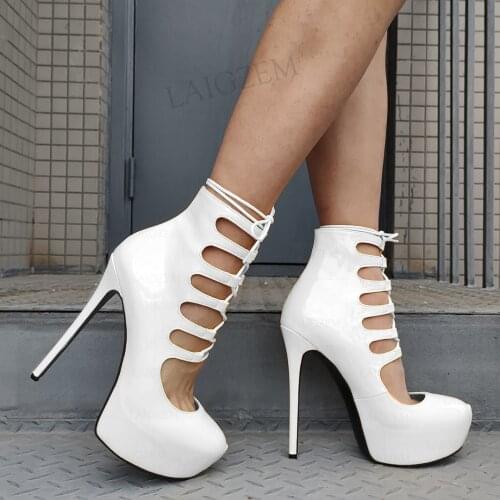 SEIIHEM FASHION Women Platform Pumps Lace Up High Heels Sandals Round Toe Shiny Party Prom Lady Shoes Woman Large Size 41 47 52