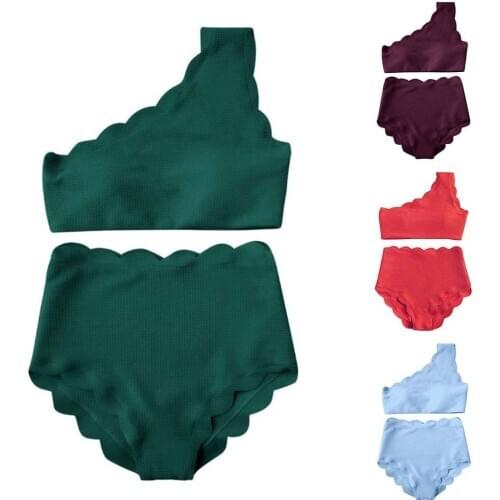 2Pcs Sexy Swimsuit Women Solid Color Padded Bra High Waist Briefs Bikini Set Swimwear Women Two-piece Bikinis biquinis feminino
