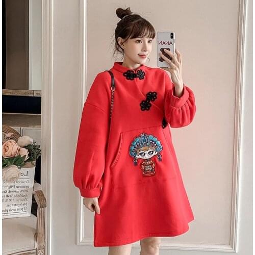 Chinese Dress Qipao Stitching Vestido Cheongsam New Year Sweatshirt Dress Red Autumn Women Buckle Thick Harajuku Dresses FF3075
