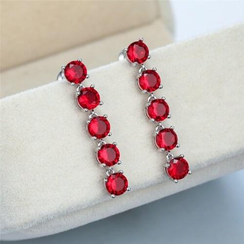 Red Round Stone Wedding Drop Earrings Dainty Female Rainbow Zircon Earrings Vintage Silver Color Color Dangle Earrings For Women
