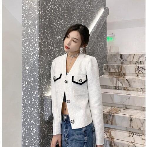 2021 Temperament V-Neck Spring And Autumn Versatile Long Sleeve Short Coat Women Single Breasted Stitching Constrast Jackets