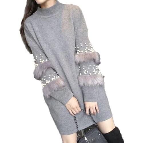 Long Sleeve Fur Patchwork Sweater For Women Knitting Pullover Top Female 2020 Fashion Korean Turtleneck Knitwear