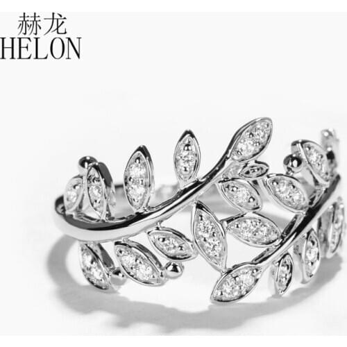 HELON Solid 14K White/Yellow/Rose Gold 0.17ct Natural Diamond Women Engagement Wedding Women Trendy Leaf style Fine Jewelry Ring