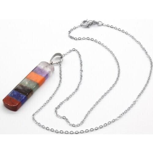 100-Unique 1 Pcs Silver Plated Colorful Layer Rectangle Healing Chakra Pendant Link Chain Necklace Charm Jewelry