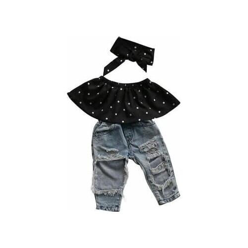 3Pcs Baby Newborn Girls Outfits Sleeveless Polka Dot Tops Jeans Hole Pants Bow Knot Headband Infant Toddler Summer Sets 0-3T