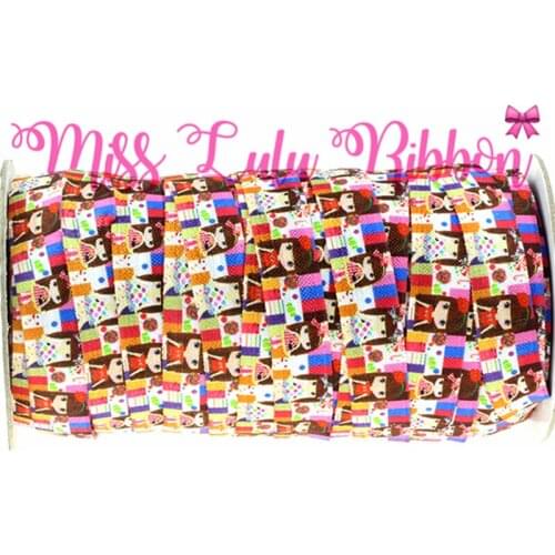 5/8"16mm 50 Yards Lollipop Girls Printed Fold Over Elastic Ribbon Handmade Hair Accessories DIY Christmas Decor MD150925-25-2252