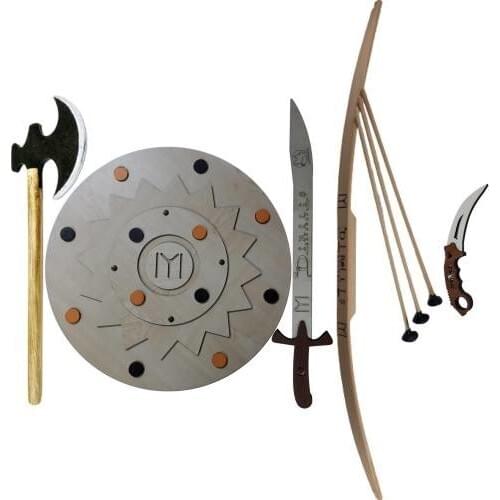 Dirilis Ertugrul Wooden Toy Set of 5 Shield + Ax + Sword + Knife + Arrow Bow Set Diriliş Ertuğrul Ottoman Turkish Sword Turkey