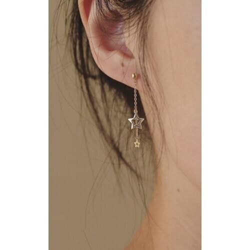2020 New Arrival 9K Solid Gold two way Dangle Drop tassel star stud Dainty Earring Jewelry Minimal Trending Wedding Bridesmaid b