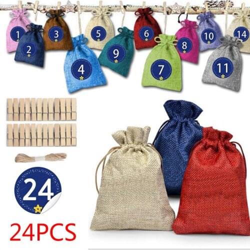 24pcs Linen Drawstring Pocket Christmas Gift Bag 24 Color Imitation Linen Bag 24 Number Sticker Set Small Bag