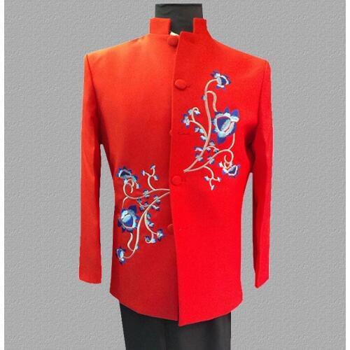 Red blazer men suits designs embroidery jacket mens stage costumes for singers clothes dance star style dress punk stand collar
