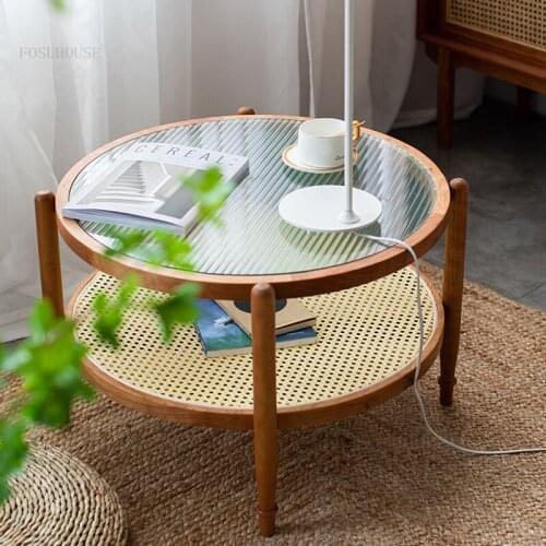 Nordic Solid Wood Living Room Round Coffee Table Household Furniture Rattan Low Table Simple Small Apartment Dormitory Tea Table