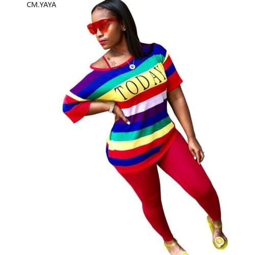 Autumn Sporting Women set Rainbow Striped Letter Print T-shirt Skinny Pencil Pants Suit Two Piece Set Elegant Tracksuit GL136