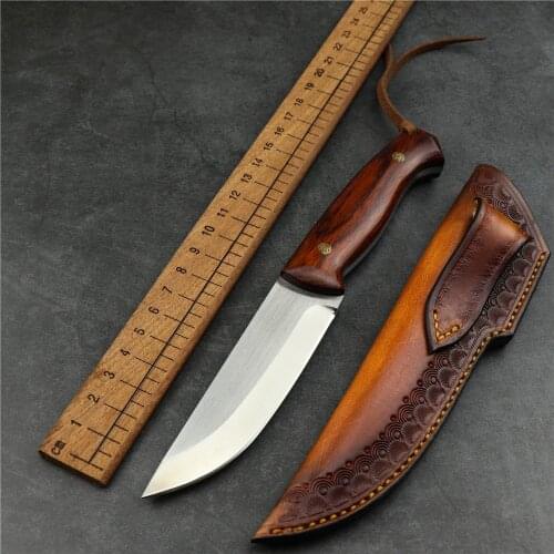 Outdoor camping small straight knife DC53 steel yellow sandalwood handle sharp hunting knife EDC military knife kitchen knife
