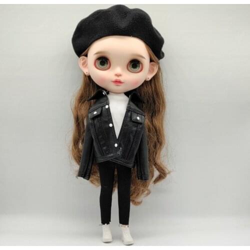 Blythes Doll Dress fits a stylish 1/6 size white turtleneck with simple long sleeves over a black leather jacket with a 2-piece