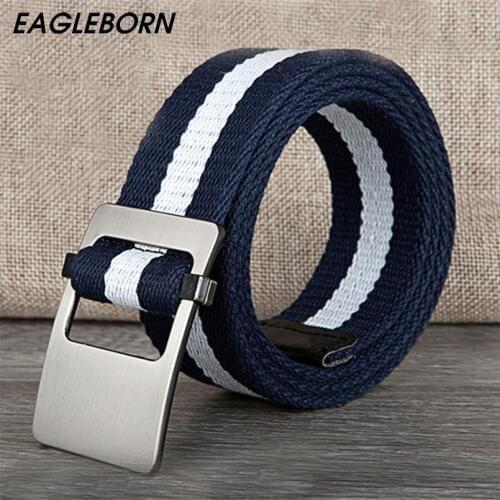Hot 2021 New Design Hole Metal Buckle Belts Men Canvas Stripes Flag Waistband Unisex Adults Leisure Belts about 110cm