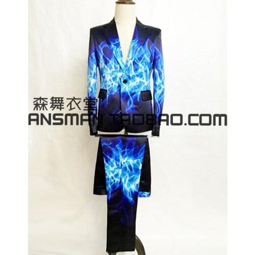 S-5xl ! 2021 Mens Fashion Slim Dj Singer Blue Red Fire Suit Stage Costumes Formal Dress Plus Size Men Clothing