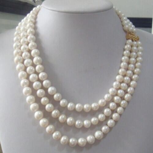 Triple strands 9-10mm Real Australian south sea white pearl necklace 18-22" 14K