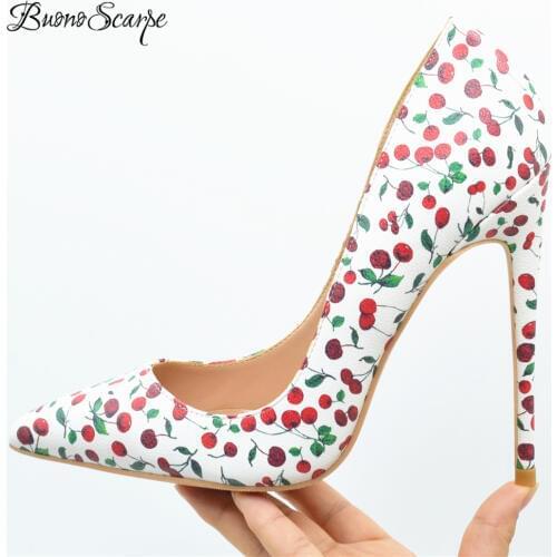 BuonoScarpe Women Printed Cherry High Heels 12CM Thin High Heel Pumps Shallow Mouth Pointed Toe Lady Wedding Shoes Big Size 44EU