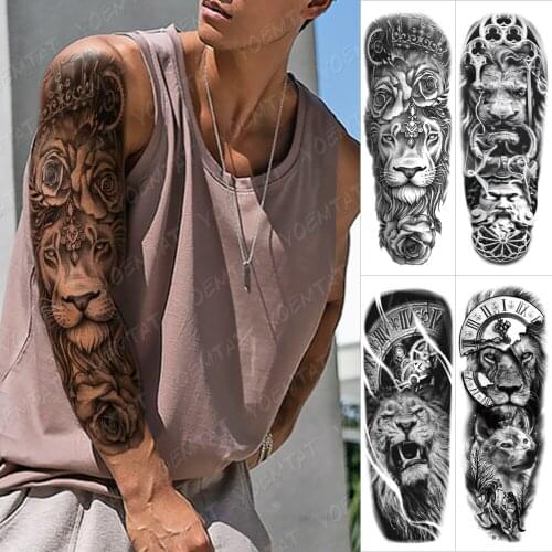 Waterproof Temporary Large Arm Sleeve Tattoo Stickers Lion Tiger Crown Clock Rose Flash Tattoos Male Body Art Fake Tatto Women