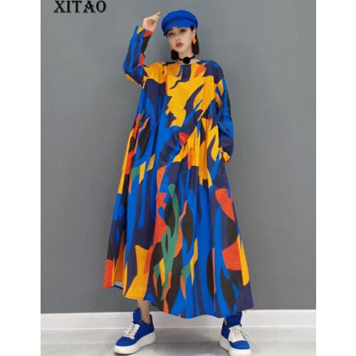 XITAO New Large Sizer Dress Contrast Color Print Fashion Loose Simplicity O-neck Collar Irregular Fold Splicing Big Hem WMD2018