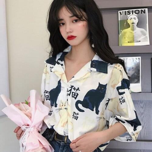 Chinese Letter Cat Printed Casual Loose Turn Down Collar 2021 NewHot Sale Button Line Female Women Short Sleeve Holiday Shirts