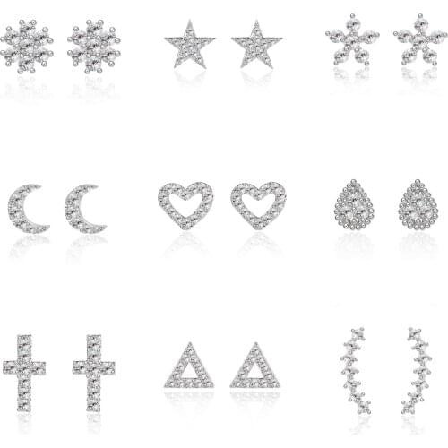 2021 Korean Micro Inlaid Zirconia Stud Earrings For Women Elegant Snowflake Moon Heart Star Earrings Jewelry Boucle D'oreille