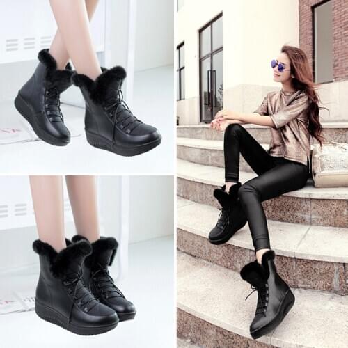 Winter College Wind Short Tube Snow Boots Womens Cotton Boots Thickened Hair Warm Student Cotton Shoes Mid-Heel