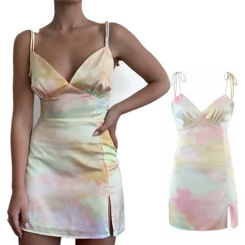 Bodycon Sexy Tie Dye Mini Dress Women Spaghetti Strap Dresses Summer Fashion 2021 Streetwear Neon Slim Skinny Sleeveless Dresses