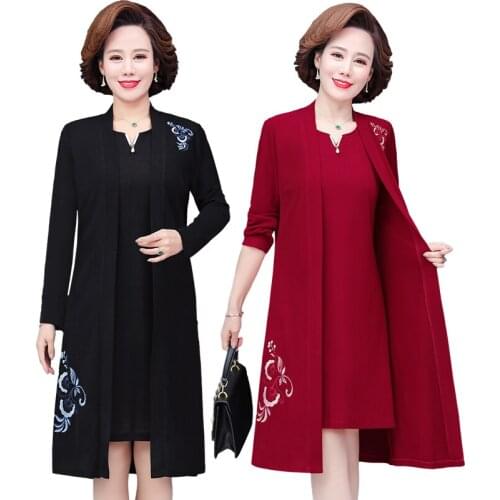 Plus Size 5XL Middle-aged Female Dress Two-piece Suit Spring Autumn High-end Elegant Dress Womens Embroidered Dress Set