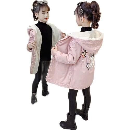 Winter Cotton Girls Jackets Korean Version Plus Velvet Thicken Mid-Length Windbreaker Fashion Cartoon Printing Childrens Parkas