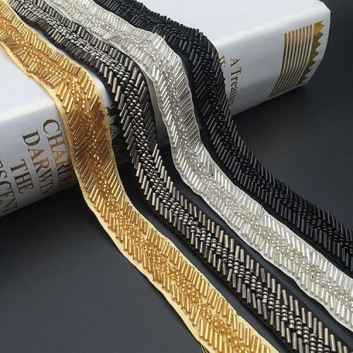 10Yards Gold Silver Beading Trims Beaded Ribbon For Sewing Clothing Collar Headdress Accessories Black Mesh Lace Decoration