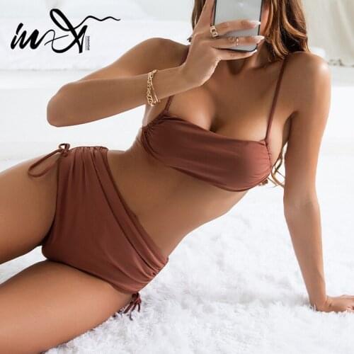In-X High waist bikini 2021 Solid swimsuit womens swimming suit Bandeau swimwear female Drawstring bathing suit Sexy biquini