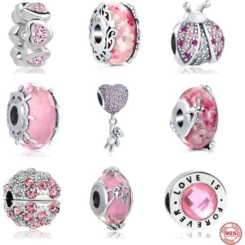 NEW 925 silver pink murano glass beads bear ladybug Charms Beads Fit Pandora Bracelet & Necklaces For Women DIY Making Jewelry