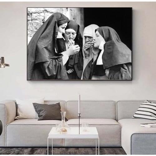 Smoking Nuns Prints Vintage Photo Black and White Canvas Painting Cigarette Funny Poster and Print Wall Art Picture Weird Room