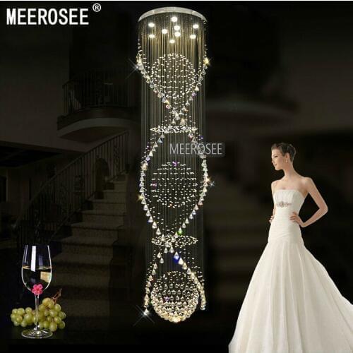 Long Spiral Crystal Chandelier Light Fixture for Lobby, staircase Round Lustre, stairs, foyer Large Crystal Stair Lighting