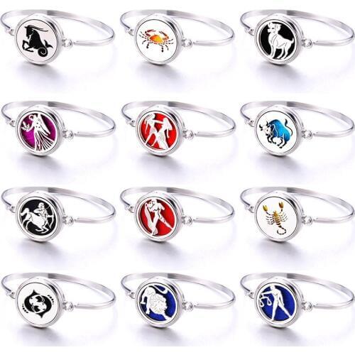 Twelve Constellation Image Perfume Locket Bracelet Stainless Steel Aromatherapy Essential Oil Diffuser Magnetic Charm Bracelet