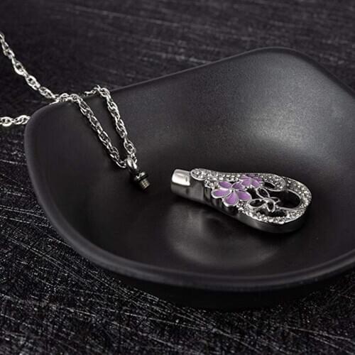 Purple Flower Crystal Butterfly Urn Ash Teardrop Pendant Memorial Jewelry