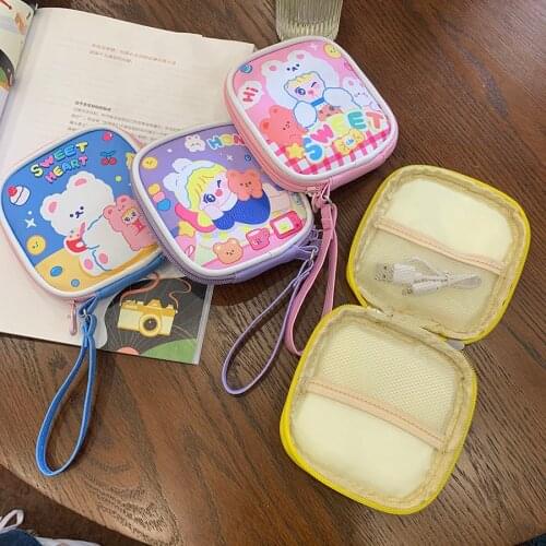 Leather Square Wallet For Girls Cartoon Wrist Strap Pouch Organizer Bag Cute Bear Leather Coin Purse Bus Card Holder