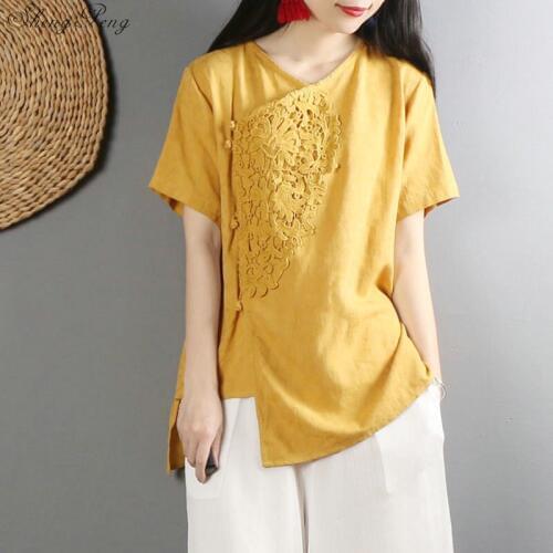 Cheongsam top linen shirt women short sleeve mandarin collar blouses elegant white linen blouse free size Q324