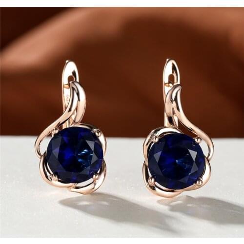 Cute Flower Round Stone Earrings Female Luxury Blue Crystal Earrings Charm Rose Gold Color Hoop Earrings For Women Wedding Party