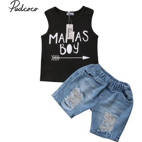 2019 1-5T Newborn Kid Baby Boys Tops T-shirt Vest+Denim Short Pants Ripped Shorts 2Pcs Clothes Set