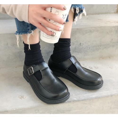 2019 spring new womens Japanese round head buckle leather shoes single shoes British wind flat shoes