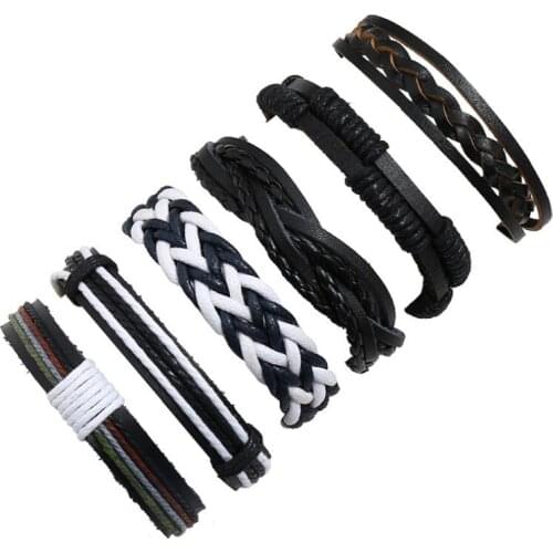 Punk Fashion Men Black Leather Bracelets Set Vintage Ethnic Weave Charm Bangles Wrap Casual Wristbands Rock Hiphop Women Jewelry