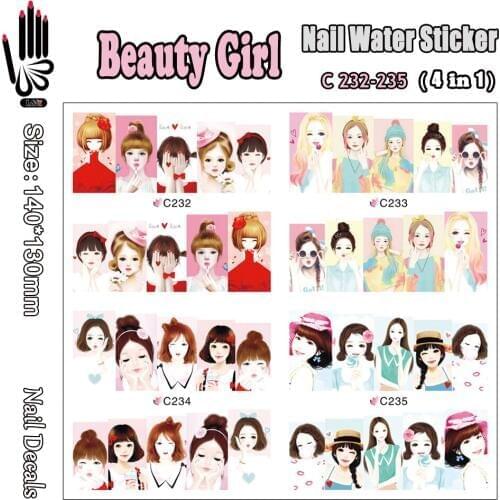 4 Sheets/Lot Nail C232-235 Beauty Girl Nail Art Transfer Water Decal for Nail Art Decorations(4 DESIGNS IN 1)