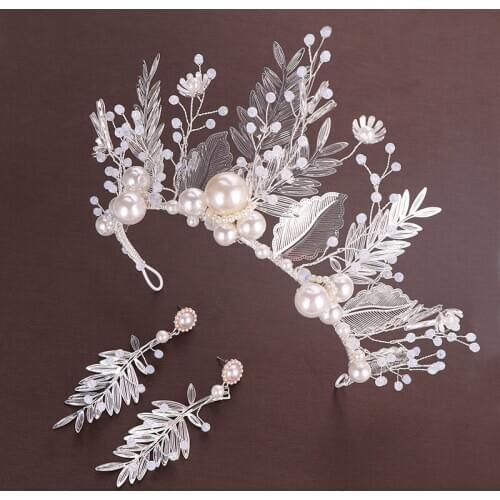 Silver Plated Wedding Jewelry Set Pearl Crown Leaf Crystal Bridal Crown Earring Set Exquisite Luxury Princess Crown Headdress