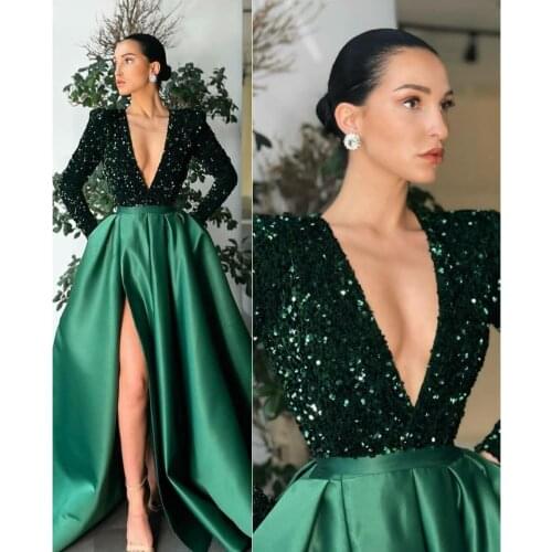 Sexy Deep V-Neck Sequin Green Prom Dresses with Pockets Zipper Back Pleated Satin Robe De Soiree Red Formal Party Gown